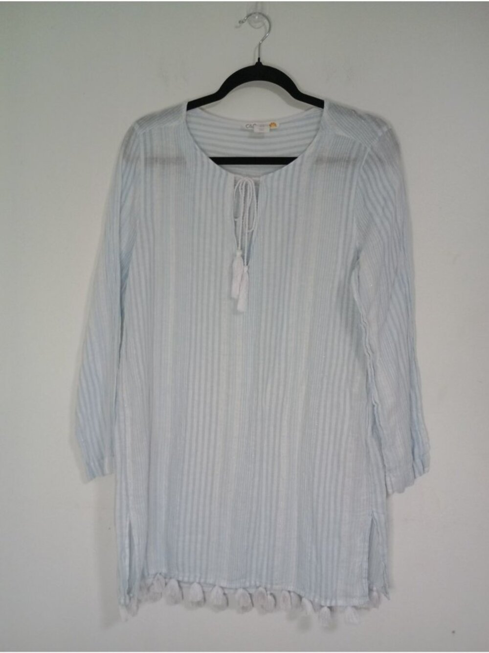 C&C California Womens Striped Boho Tunic Tassels Pom-Pom Hem Medium Linen Blend